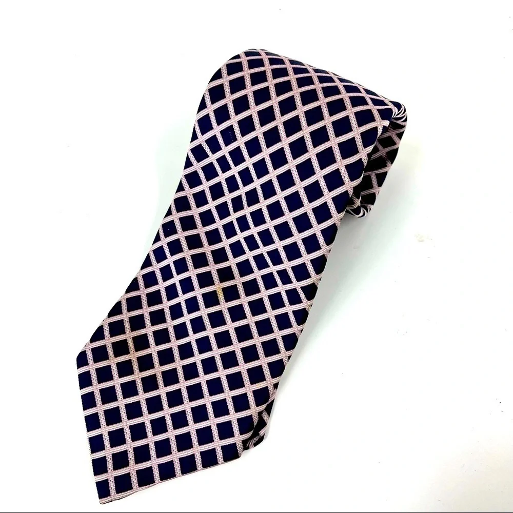 Brooks Brothers 346 Mens Silk Tie Navy Blue Pink White Grid‎ Check Pattern USA